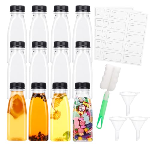 Invalidism 12PCS 8Oz/250ml Plastic Juice Bottles with Lids, Reusable Sensory Bottles, Clear Smoothie Bottles with Sticker Funnel and Brush, Empty Bottles for Milk Water Homemade Beverages