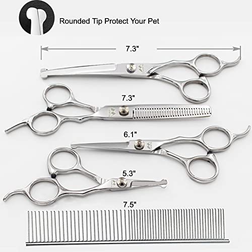 Dog Grooming Scissors Kit With Round Tip, Set Of 5 Cat Dog Scissors, Stainless Steel Pet Grooming Shears, Straight, Curved, Thinning Shears, Comb For Full Body, Face, Nose, Ear & Paw #TOP1