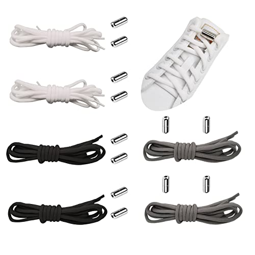 LINSOCLE 6 Paires Lacets Ronds, Lacet Elastique Enfant et Adultes, Avec Fermoir en Métal No Tie Lacets de Chaussures, Lacet Chaussure pour Toutes les Chaussures（Blanc/Noir/Gris）
