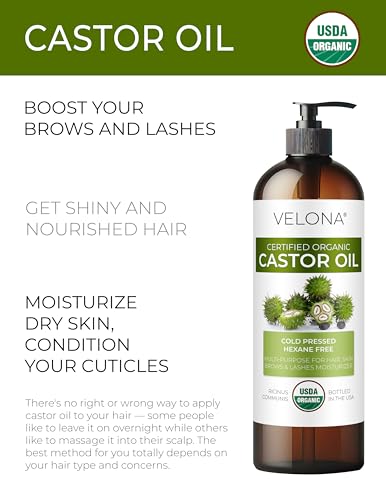 velona USDA Certified Organic Castor Oil - 16 fl oz (With Pump) | For Hair Growth, Boost Eyelashes, Eyebrows | Cold pressed, Natural Oil, USP Grade | Hexane Free, Lash Serum, Caster - Thumbnail 2
