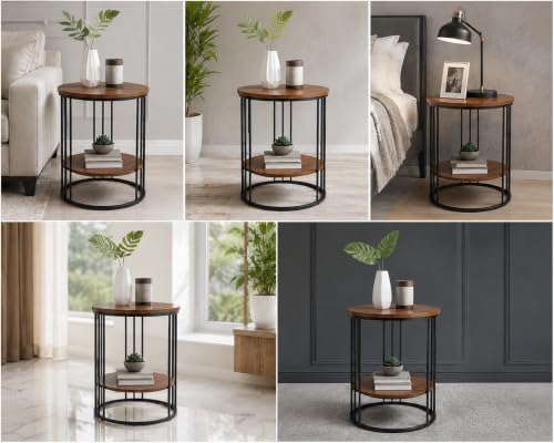 Image of Modern Double-Top Coffee Table with Rustic Farmhouse Accent, Multipurpose Living Room Bedroom, Two-Tier Small Sofa Side Bedside Table with Metal Frame Nightstand (Black Brown)