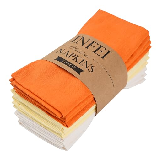 INFEI Solid Color Linen Blended Thin Dinner Cloth Napkins - Set of 12 (40 x 40 cm) - for Easter Events & Home Use (Multi Yellow)
