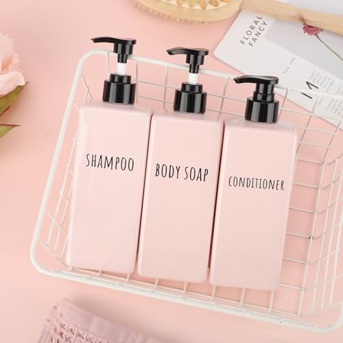 Image of Segbeauty Refillable Shampoo and Conditioner Bottles, 3pcs 16.9oz Square Plastic Bathroom Soap Dispenser Set, 500ml Empty Shower Bottles Lotion Dispenser Press Pump Bottle for Modern Home Decor Pink