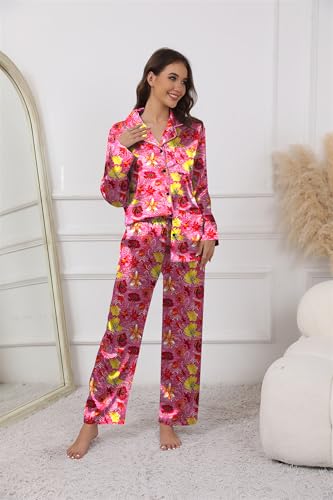 Image of Ekouaer Pajamas For Women Set Silk Pjs 2 Piece Satin Sleepwear Long Sleeve Button Down Lounge Sets With Pant