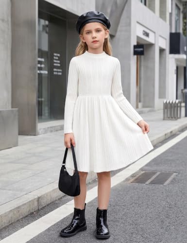 Image of Arshiner Girls Dresses Long Sleeve A Line Knit Sweater Dress with Pockets