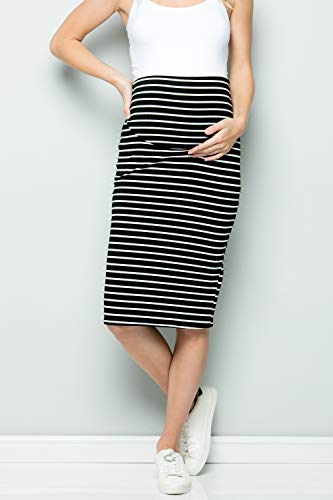 My Bump Maternity Skirt For Women - Comfort Stretch High Waisted Tummy Control Cotton Blend Midi Pencil Skirt Made In Usa Black White Large #TOP2