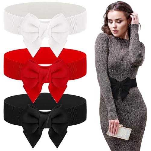 3 Pcs Bow Belts for Women,Red Bow Belt Elastic Waist Belt Women's Vintage Bowknot