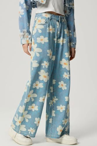 loveimgs Women 2025 Baggy Floral Jeans Mid Rise Wide Leg Denim Pants Flower Printed Patterned Jeans Y2k Patchwork Boyfriend2