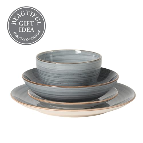 Image of Gibson Home Stonebury 16 Piece Plates and Bowls Blue Dishes - Handpainted Stoneware Dinnerware Set - Service for 4