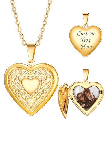 Custom4U Collier Amour Photo Personnalisable Or Coeur pour Femme Fille, Photo Locket Neclace Pendnetif Coeur Plaqué Or