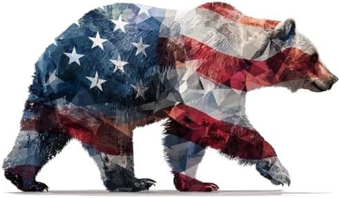 MAKTEM Geometric Brown Bear American Flag Decal, Patriotic Wildlife Sticker with USA Stars and Stripes Design, Bold Red White Blue Vinyl Art for Car, Truck, or Window Bear