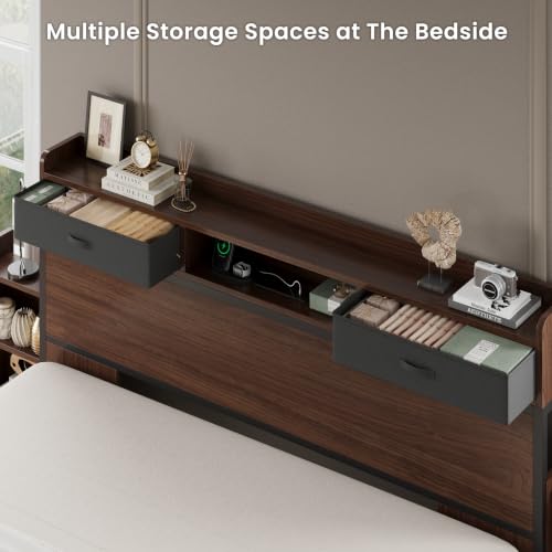 Image of LIKIMIO Queen Bed Frame with Storage & 4 Drawers & 2 Nightstands Walnut | Slide Out Bedside Nightstands, Storage Shelf, Charging Station, No Box Spring Needed, Easy Assembly, Mid-Century Modern