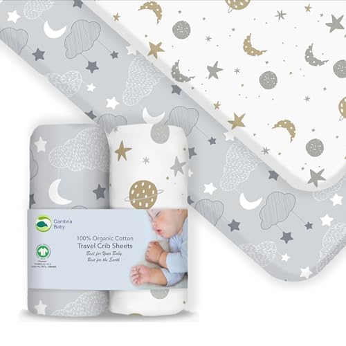Image of 100% Organic Cotton Fitted Travel Crib Sheets, Perfectly Compatible with Guava Lotus, BabyBjorn, Dream On Me and All mattresses 22-26" Wide by 40-44" Long. Strap Holes in Corners. 2 Pk