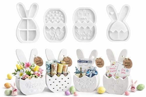 KZXCVS Gießformen Silikon, 4 Stück Silikonformen Gießformen Ostern für Hasen & Eier Geschenkboxen, Silikonform Ostern für Gipsformen zum Gießen, Beton & Harz, DIY Geldgeschenk Ostern