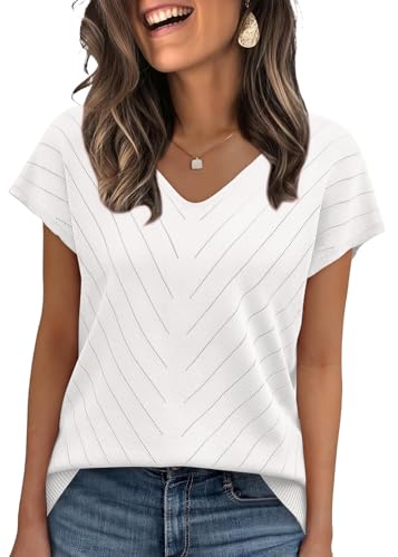 WIHOLL Short Sleeve Sweater for Women Trendy Womens Tops 2025 Summer V Neck T Shirts Cap Sleeve Beach Fashion Travel Outfits Vacation Clothes Ladies Tops Dressy Casual Lightweight Sweaters White M