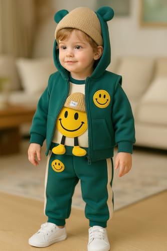 Image of Bold N Elegant Kids Polyester Printed 3d Happy Smile Face Cartoon Winter Warm Hoodied Jacket Sweatshirt and Pajamas 3 Pc Layering Party Clothing Set