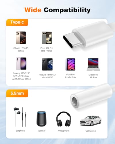 Image of USB C to 3.5mm Headphone Adapter, Hi-Fi Audio Dongle with DAC Chip & Mic Support, Type C to Aux Jack Cord for iPhone 17 /16 /15 Pro Max, Samsung Galaxy S25 /S24 /S23 /S22, Pixel, iPad - White (2 Pack)