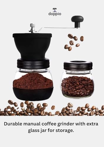 Image of Doppio Manual Coffee Grinder - Adjustable Hand Coffee Grinder with Stainless Steel Burr & Glass Container | Portable Hand Crank Mill for Freshly Ground Coffee Beans at Home, Office & Travel