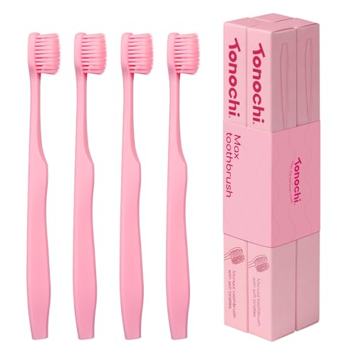 Image of Max Extra Soft Toothbrush for Adults with Sensitive Gums, Soft Bristle Toothbrushes, Wide Head for Back Teeth, Ergonomic Non-Slip Grip, BPA Free, Individually Wrapped, 4 Pack, Blush Pink