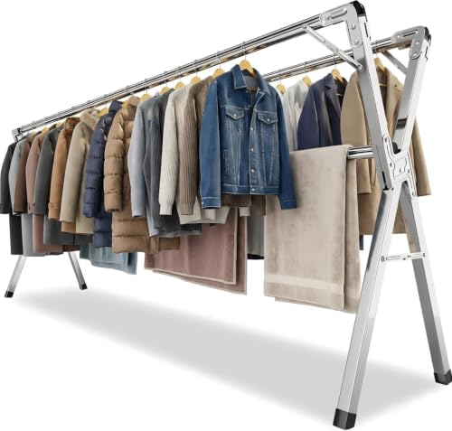 Étendoir à Linge Pliable INOX Type tancarville, etendoir Linge Interieur et Exterieur, sechoir a Linge reglable 140–240 cm, Grande capacite, Jusqu’à 60 kg par Barre, avec 40 Crochets Coupe Vent