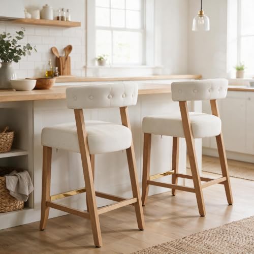 Hyfirm 27" H Barrel Counter Height Bar Stools Set of 2, Velvet Upholstered Counter Stools with Wood Legs Modern Kitchen Barstools for Kitchen Island Dining Room Bar, Beige