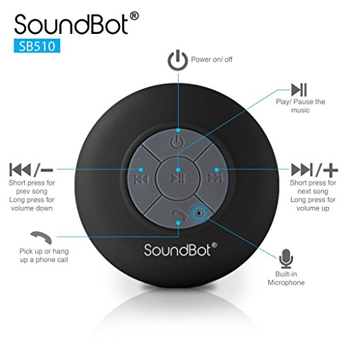 SoundBot SB510 HD Water Proof Bluetooth 3.0 Speaker, Mini Water Resistant Wireless Shower Speaker, Handsfree Portable Speakerphone with Built-in Mic