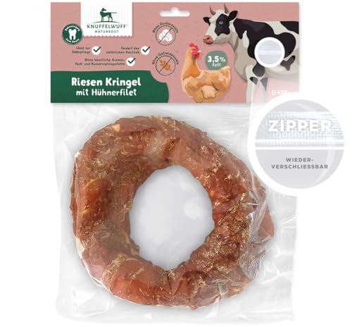 Knuffelwuff 2 x Riesen Kringel mit Hühnerfilet (ca. 225 g) | Natürlicher Snack für Starke Kaumuskeln und Zahnpflege | wiederverschliessbar | für große und kleine Hunde
