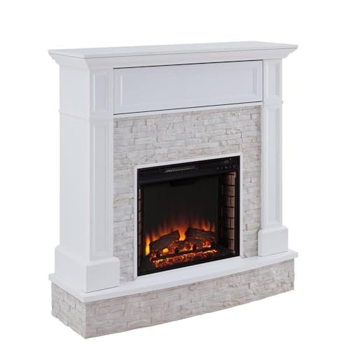 Bowery Hill Faux Stone Electric Fireplace TV Stand in White Finish