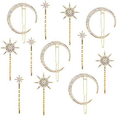 Hedume 12 Pack Stars and Moon Hair Clips, Vintage Rhinestone Hair Pin, Metal Alloy Diamond-studded Hair Accessories for Women Girls