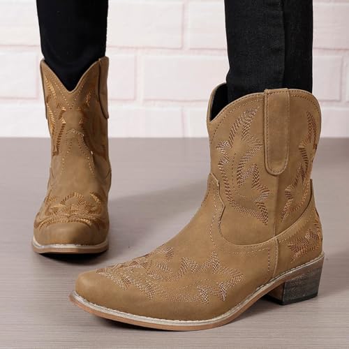 Cowboy Short Boots for Women Embroidered Stitched Wedding Western Cowgirl Ankle Booties Low Chunky Heels Pointed Toe Mid Calf Boots4