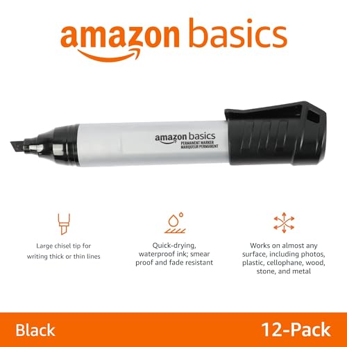 Image of Amazon Basics Large Chisel Tip Permanent Markers, Quick Drying, Fade Resistant, Black, 12-Pack