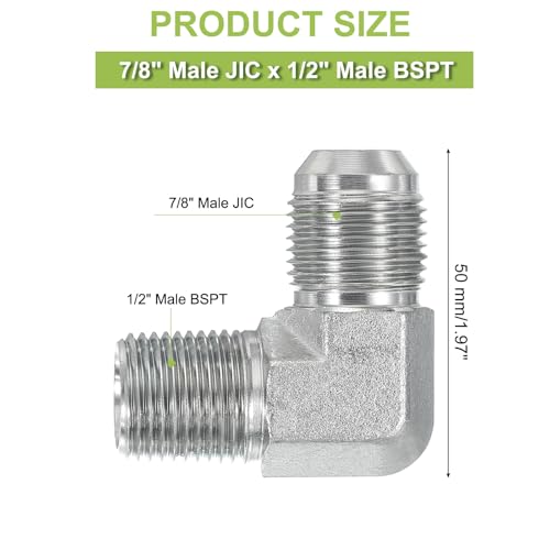 Image of PATIKIL 90 Degree Pipe Adapter, 7 /8 inch Male 37 Flare JIC x 1 /2 inch BSPT Male Connector Carbon Steel Elbow Fitting for Air Hydraulic Fluid Fuel Water Oil, Silver