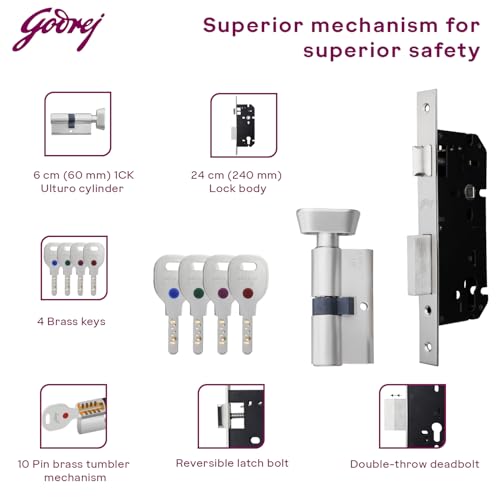 Image of Godrej Mortise Lock|Handle Lock Set for Main & Bedroom Door|Twist Rossette Home Decor Handle|Satin Steel Finish|9 Ih Lockbody|60 mm 1CK Cylinder - Knob from Inside & 4 Keys| 5 Years Warranty