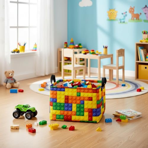 Image of Colorful Building Blocks Print Storage Basket, Waterproof Lining Organizer Bins, Leather Handles, Collapsible for Kids Toys, Clothes, Laundry, Gift Basket