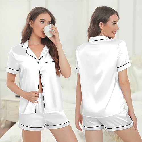 Image of Silk Pajamas for Women Satin Womens Pajama Sets Short Sleeve Lounge Set 2-Piece Sleepwear Notch Collar Button-Down PJ Set (White, S)