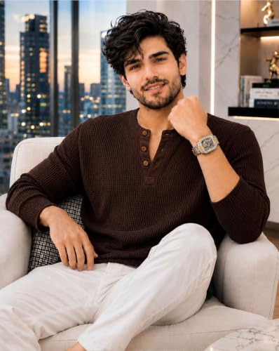 Image of AUSK Men's Waffle Knit Henley T-Shirt | Cotton Blend Full Sleeve Textured Casual T Shirt | Regular Fit Button Placket Round Neck Tshirt for Men