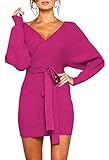 Viottiset Women's Fall Winter Mini Wrap Bodycon Sweater Dress Long Batwing Sleeve Sexy V Neck Dresses Hot Pink Large