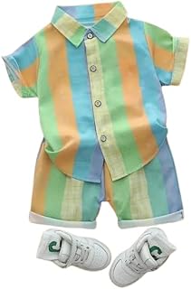 Agnika Baby Boys Rainbow Striped Shirt and Shorts Set, Cotton Summer Co-Ord Outfit, Short Sleeve Button Down Top with Casu... Price In India