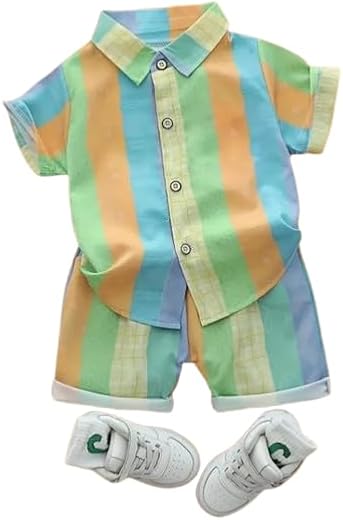 Agnika Baby Boys Rainbow Striped Shirt and Shorts Set, Cotton Summer Co-Ord Outfit, Short Sleeve Button Down Top with Casu...