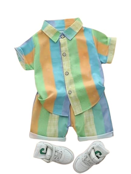 Agnika Baby Boys Rainbow Striped Shirt and Shorts Set, Cotton Summer Co-Ord Outfit, Short Sleeve Button Down Top with Casu... - Review, Price and Buying Guide