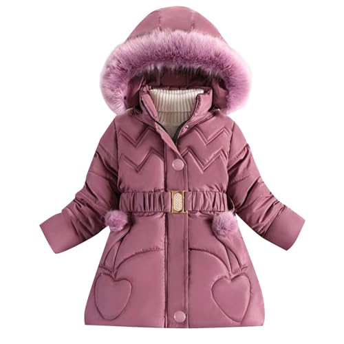 Girls Fleece Lined Puffer Jackets Faux Fur Hooded Winter Coat Full Zip Padded Parka Snow Outwear with Belt Windbreak Thicken Warm Overcoat for Children Ski Jacket Insulated (Purple, 5-6 Years)