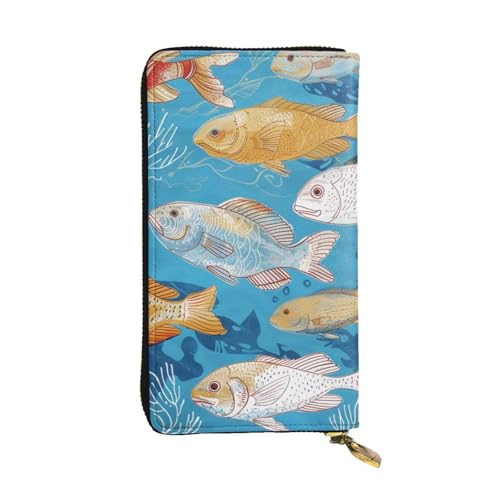 Fish Printed Long Wallet for Women Men Cute PU Leather Wallet with Coin Purse and Credit Card Holder