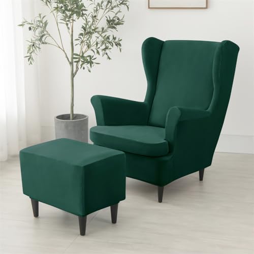Funda para sillón orejero de terciopelo verde oscuro y protector elástico lavable 3