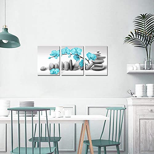 Biuteawal 3 Panel Zen Wall Art Blue Orchid Flower With Spa Stone Pictures Canvas Prints Grey Turquoise Floral Painting Peaceful Artwork Modern Spa Yoga Home Bedroom Office Bathroom Decoration #TOP2