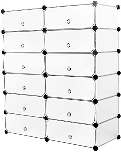 Mondeer Schuhschrank, 12 Fächer Kunststoff Schuhablage, Schuhregal, für Schuhe, Taschen und Werkzeuge, Regalsystem mit Tür, 91 * 36 * 105cm, mit Kleinem Holzhamme, Halbtransparent Weiß