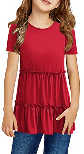 Haloumoning Girls Cute Short Sleeve Tunic Tops Casual Loose Ruffle T Shirts Kids Summer Soft Blouses Size 4-15 Years B-Red #TOP15
