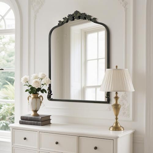 Image of WallBeyond Black Antique Mirror for Vanity 24x32 Inch, Black Vintage Mirror with Ornate Frame, Arched Vintage Wall for Bathroom, Living Room, Fireplace