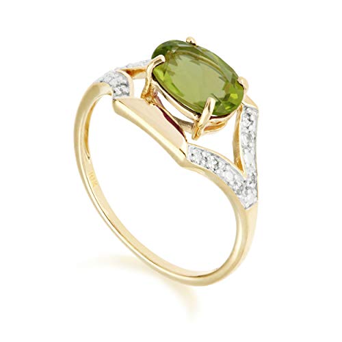Yellow Gold 10K Oval Peridot 8x6mm and Round Diamond Promise Ring Size 6, 7, and 8 Contemporary Art Nouveau Design for Women August Birthstone Statement Ring3