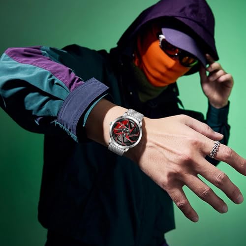 Image of FANMIS Men's Racing Car Wheel Watch 3D Spinning Dial Stainless Steel Watch | Creative 3D Spinning Car Quartz Large Skeleton Face and 30M Water Resistance Designed for Car Fans and Daily Wear.