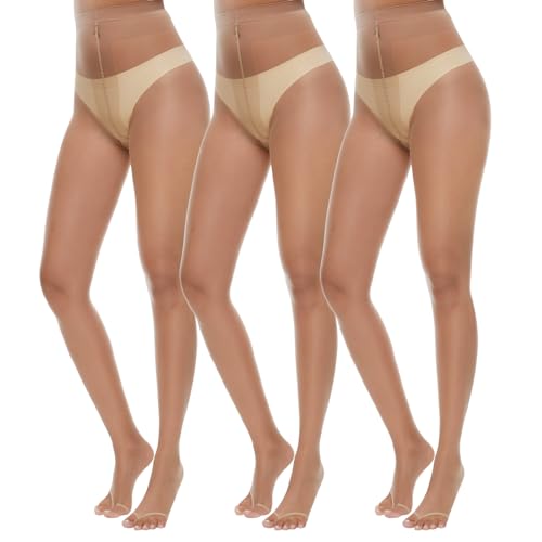 MANZI 3 Pairs Toeless Pantyhose Tights for Women Ultra Thin 10D Toe Open Control Top Pantyhose(3 Natural,S